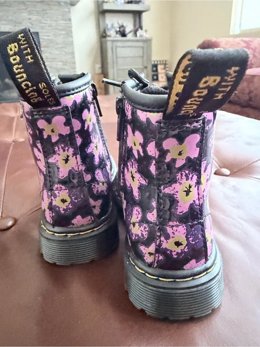 Dr. Martens Kids Black Lace-Up Boots with Pink Floral Print